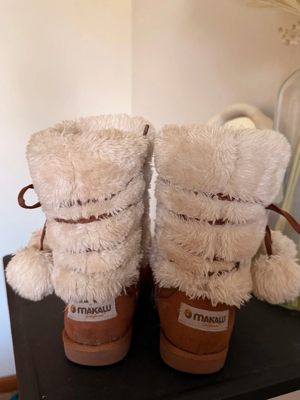 Kids Plush Winter Boots with Pom-Pom Tie - Cream & Brown